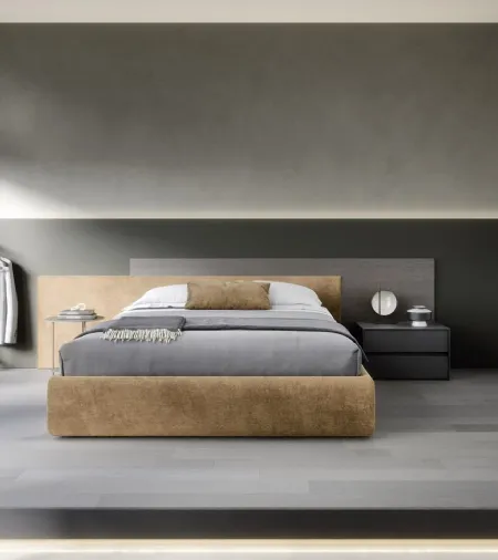 Letto con contenitore Testiera Time in tessuto imbottito e legno di Novamobili